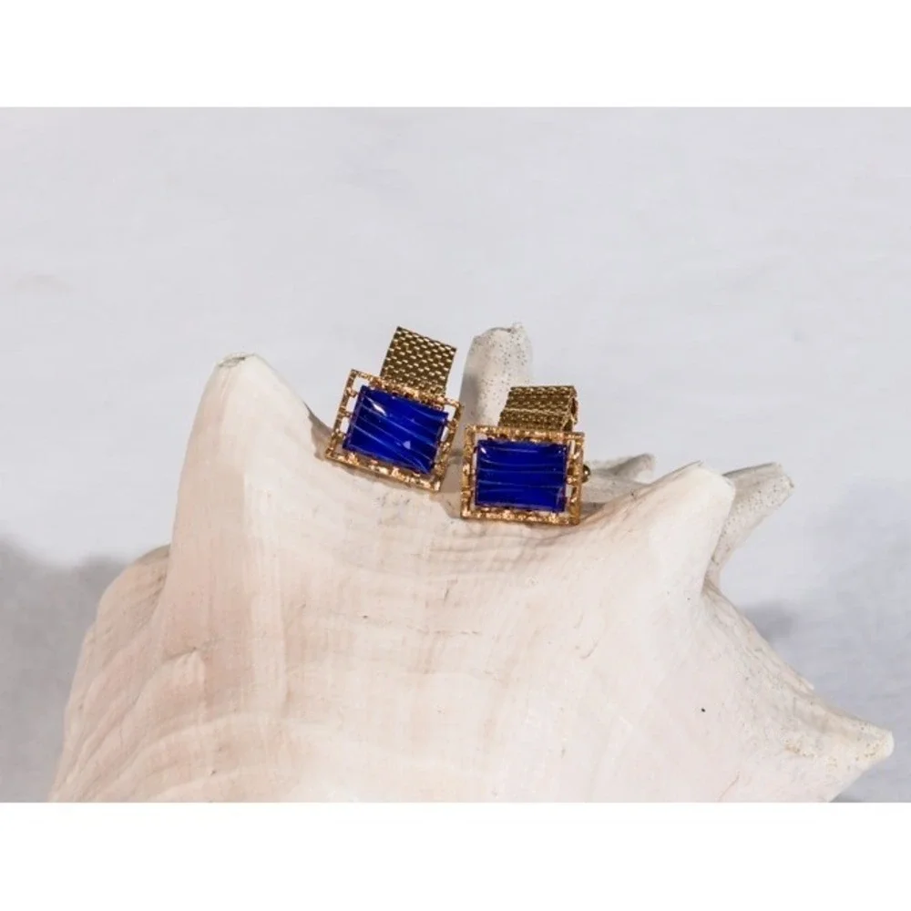 Vtg cufflinks mesh gold tone metal blue glass custom jewelry academia preppy